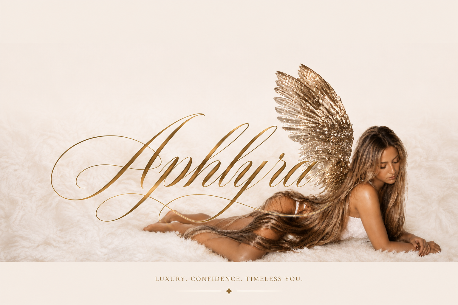 Aphlyra campaign — reclining figure on ivory fur beneath shimmering champagne-gold wings, with the Aphlyra script and the line Luxury. Confidence. Timeless You.